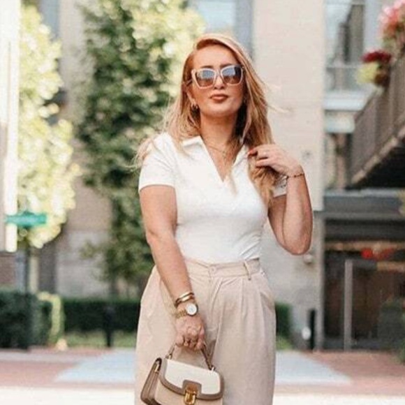 White Rib Knit Polo Fitted V-Neck Tee Shirt, Short Sleeve, Slim - Picture 10 of 11